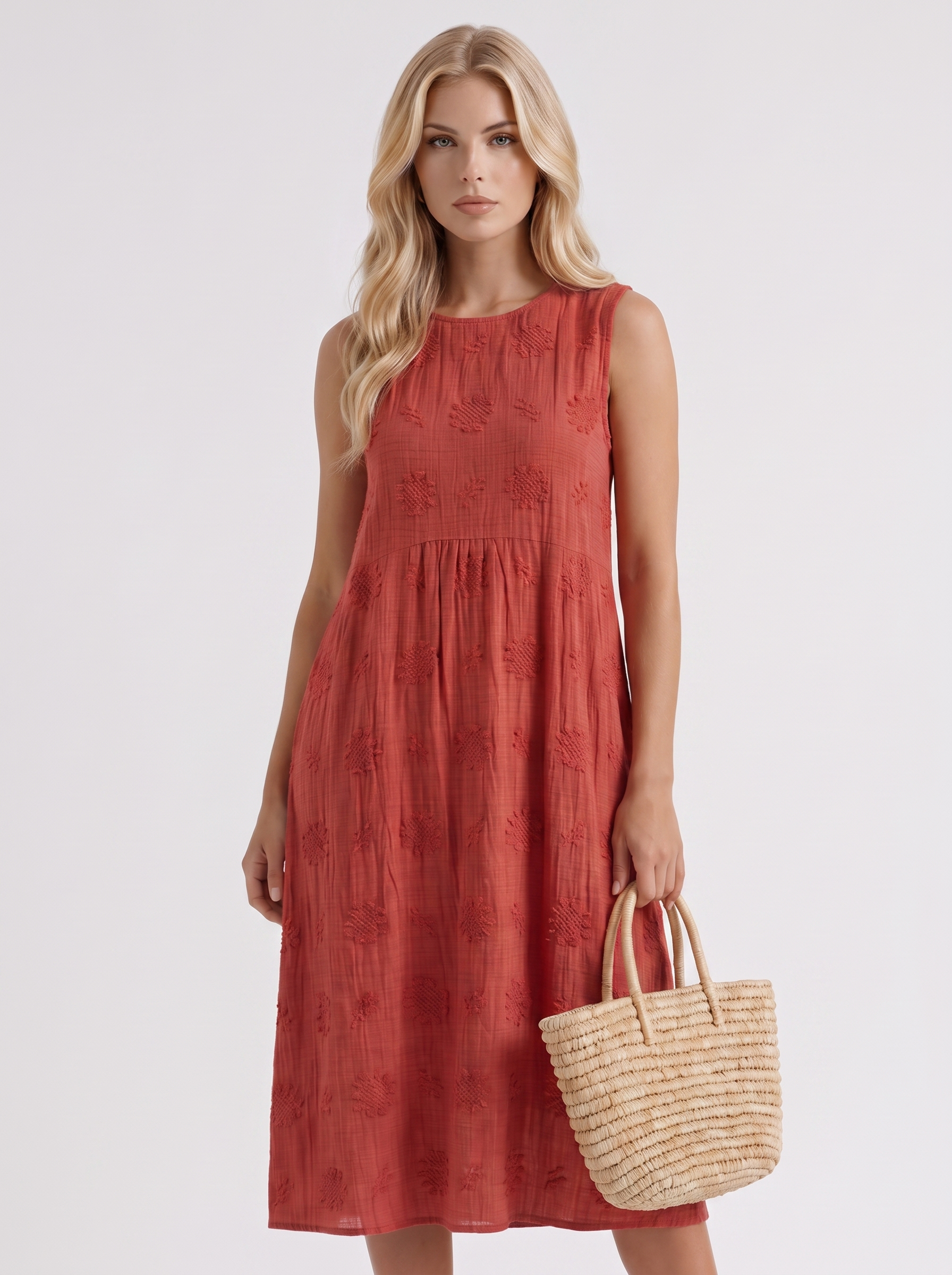 Women red embroidered midi dress with round neckline and embroidered detail