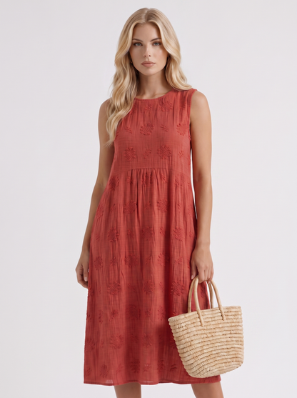 Women red embroidered midi dress with round neckline and embroidered detail