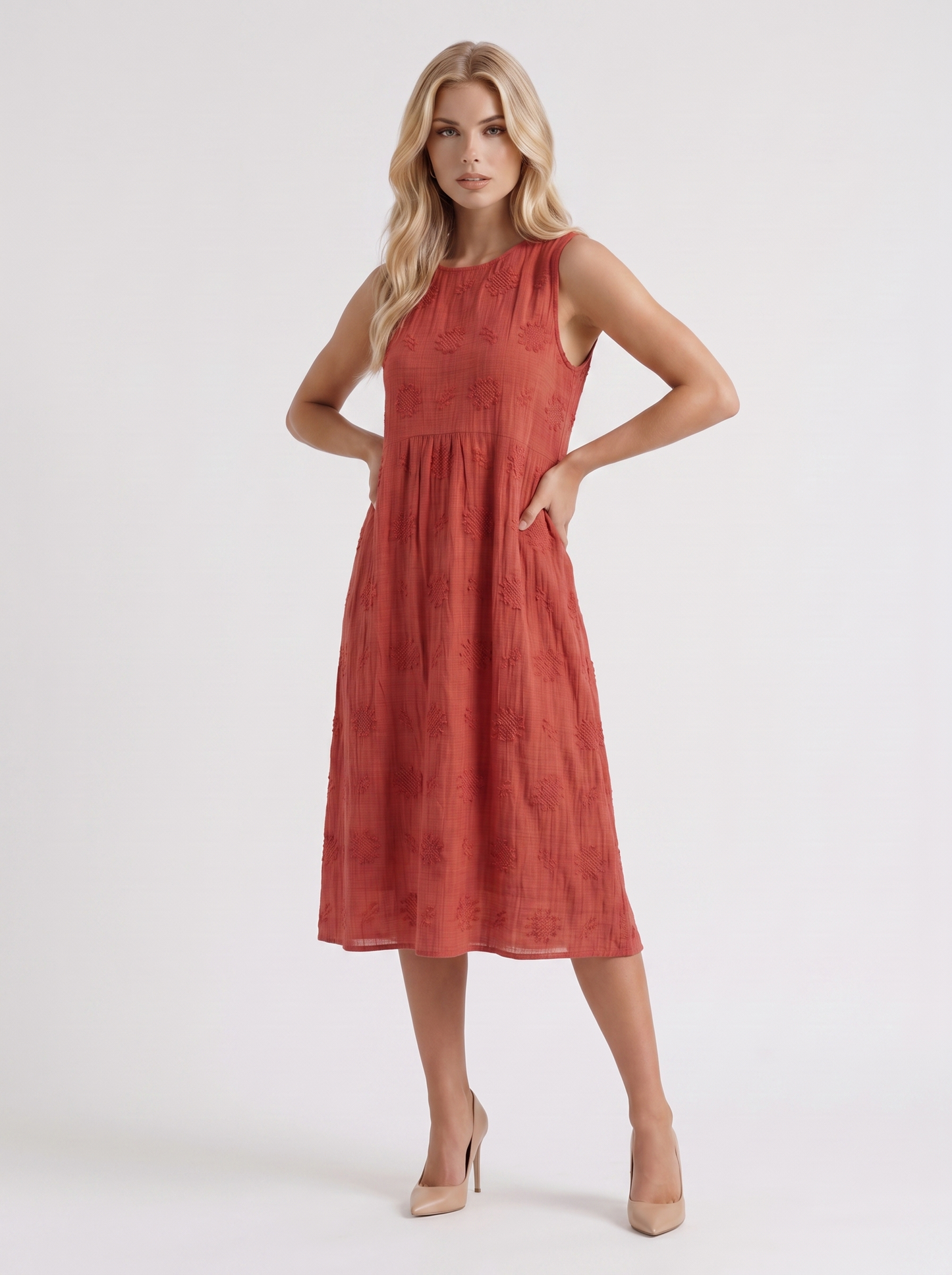 Women red embroidered midi dress with round neckline and embroidered detail