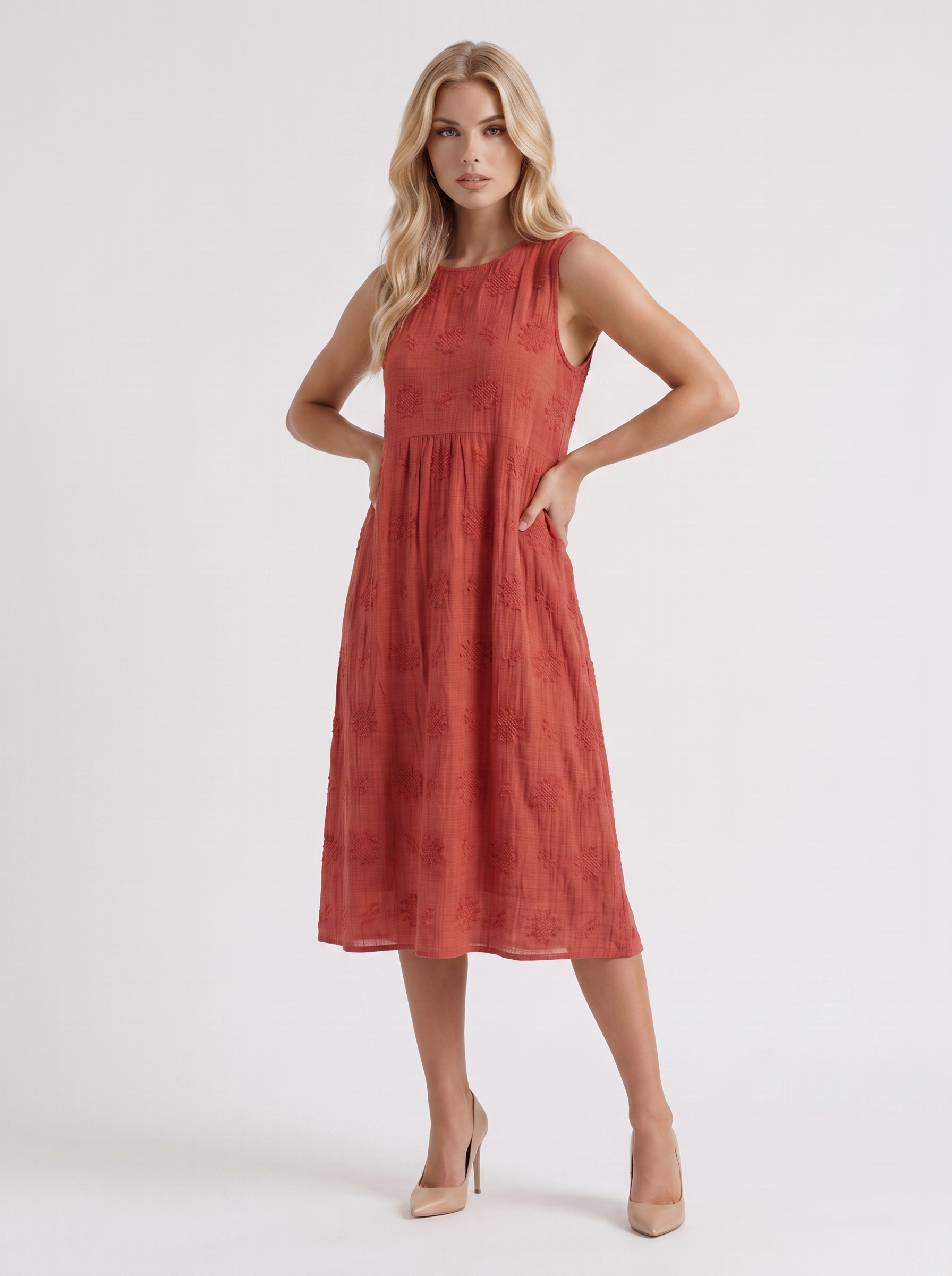 Women red embroidered midi dress with round neckline and embroidered detail