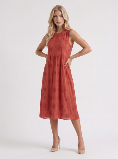 Women red embroidered midi dress with round neckline and embroidered detail