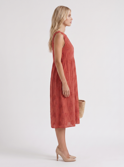 Women red embroidered midi dress with round neckline and embroidered detail