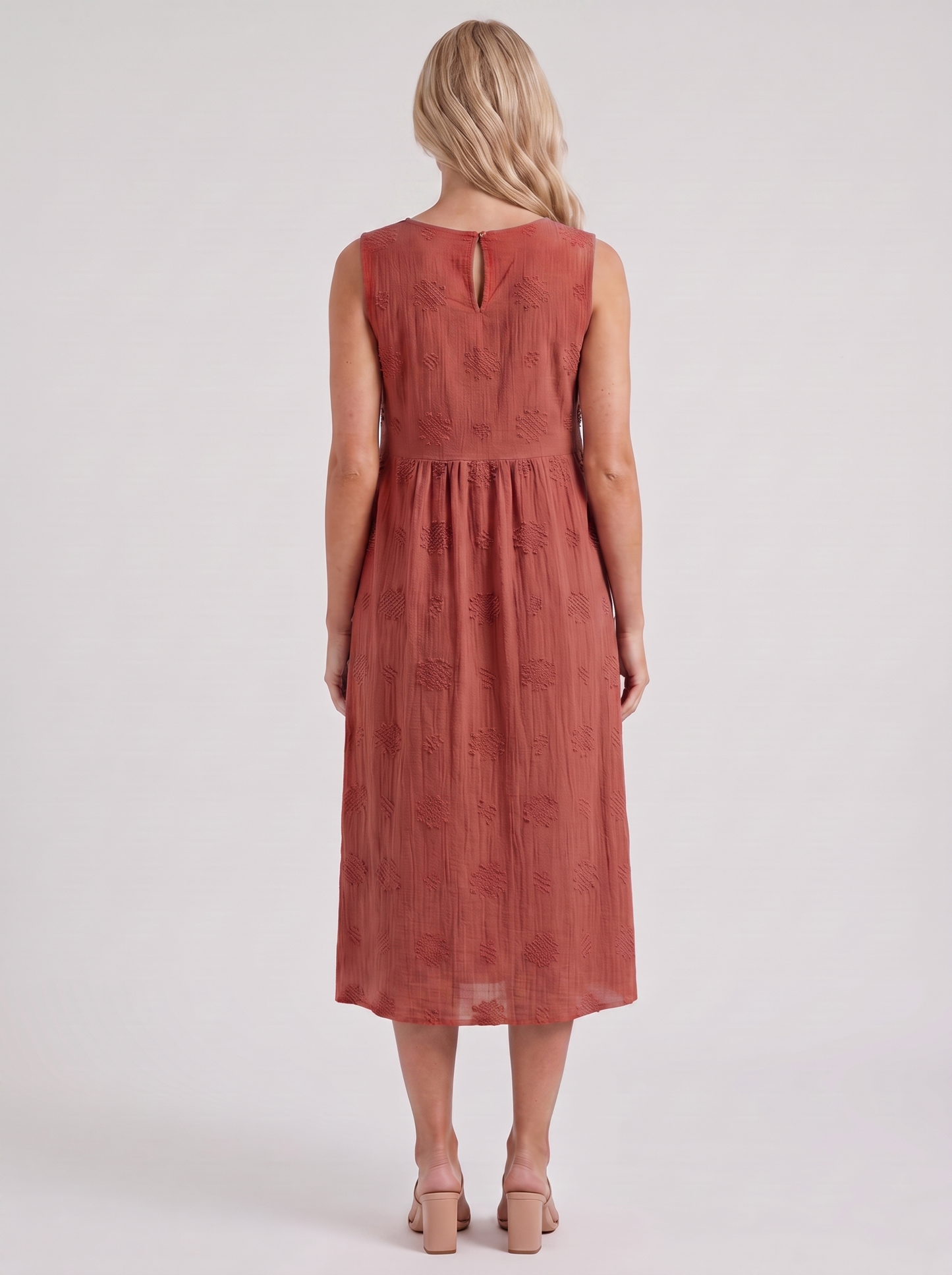 Women red embroidered midi dress with round neckline and embroidered detail