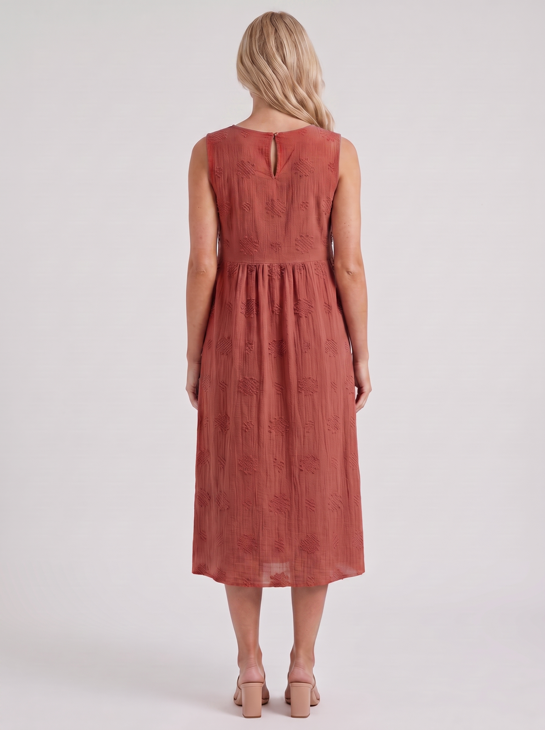 Women red embroidered midi dress with round neckline and embroidered detail