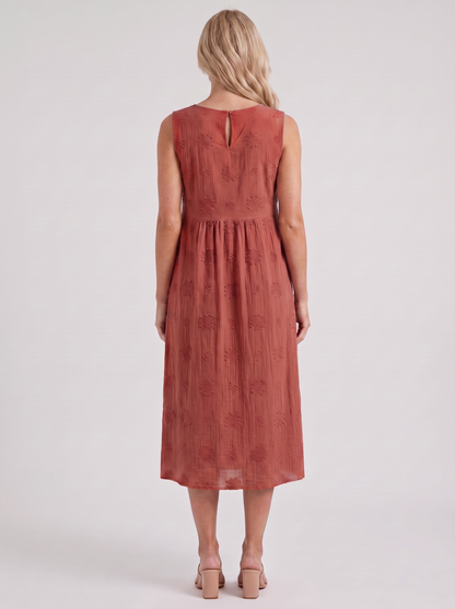 Women red embroidered midi dress with round neckline and embroidered detail