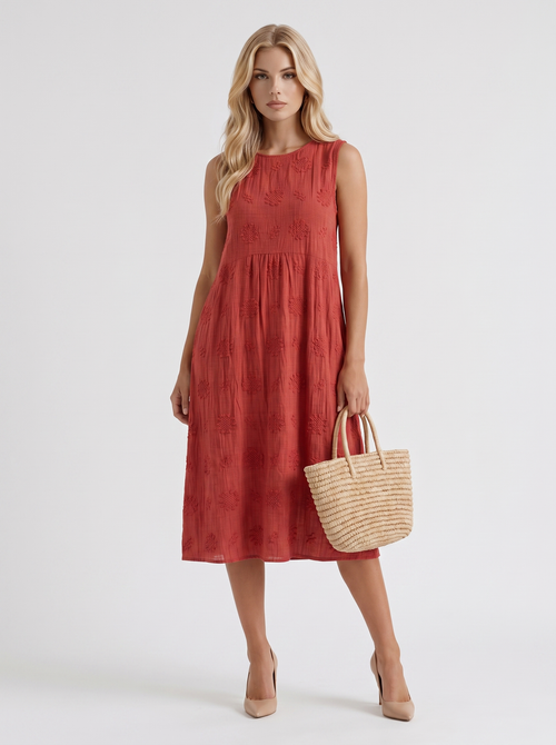 Women red embroidered midi dress with round neckline and embroidered detail