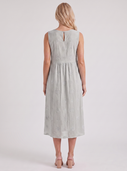 Women white embroidered midi dress with round neckline and embroidered detail