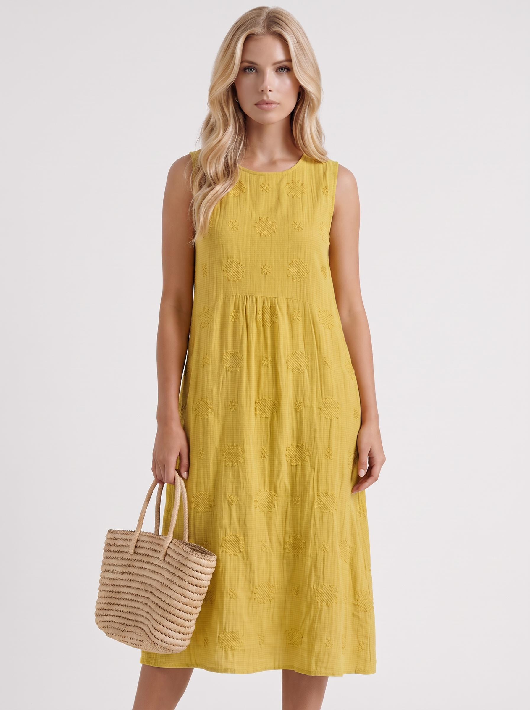 Women yellow embroidered midi dress with round neckline and embroidered detail
