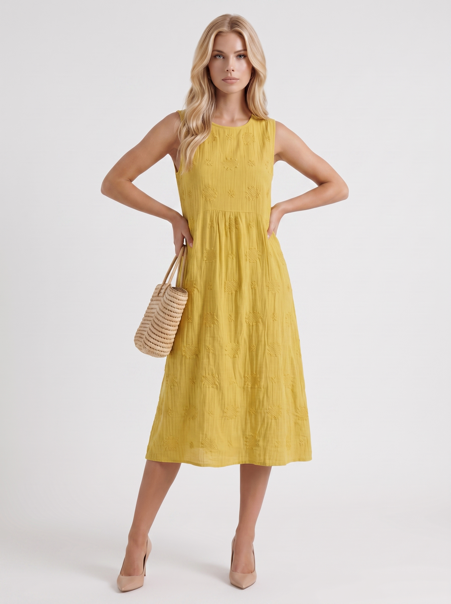 Women yellow embroidered midi dress with round neckline and embroidered detail