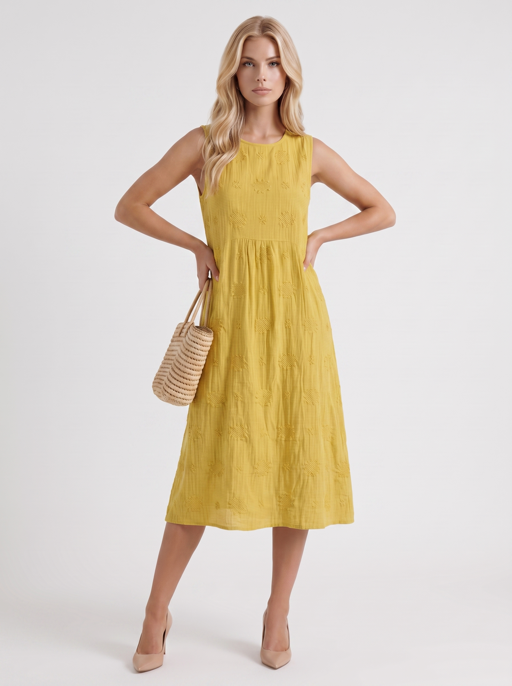 Women yellow embroidered midi dress with round neckline and embroidered detail