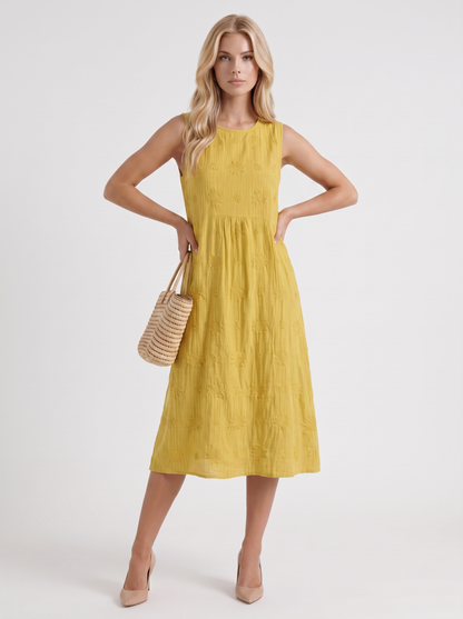 Women yellow embroidered midi dress with round neckline and embroidered detail