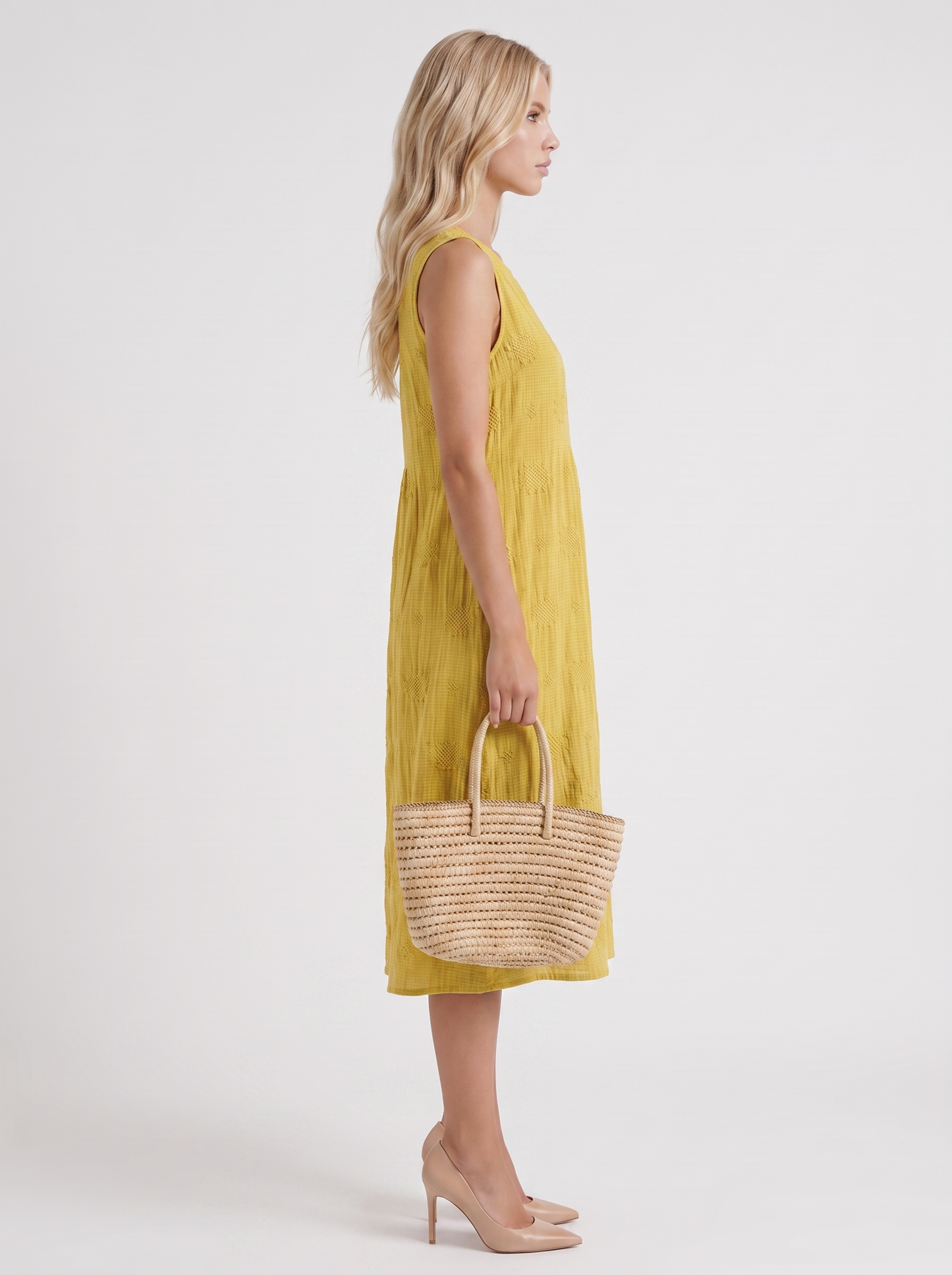 Women yellow embroidered midi dress with round neckline and embroidered detail