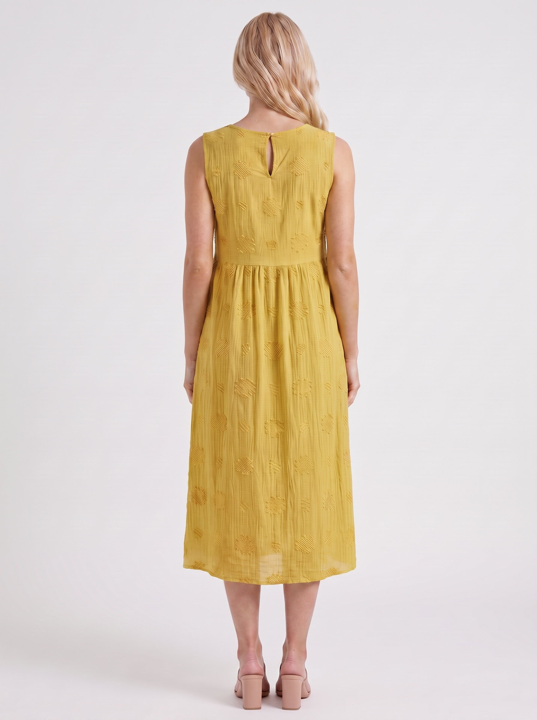 Women yellow embroidered midi dress with round neckline and embroidered detail