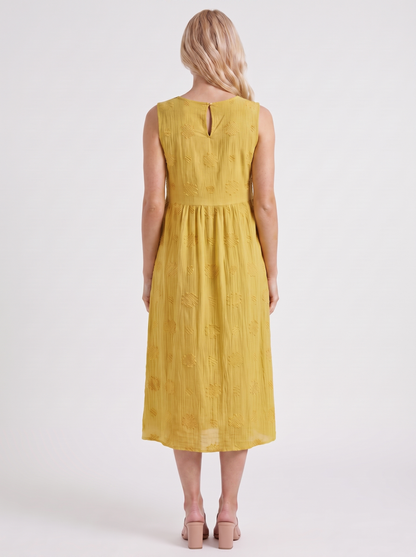 Women yellow embroidered midi dress with round neckline and embroidered detail