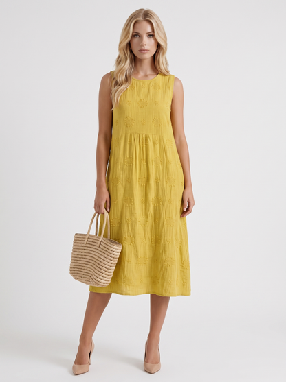 Women yellow embroidered midi dress with round neckline and embroidered detail