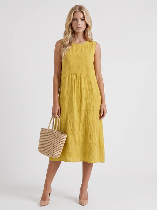 Women yellow embroidered midi dress with round neckline and embroidered detail