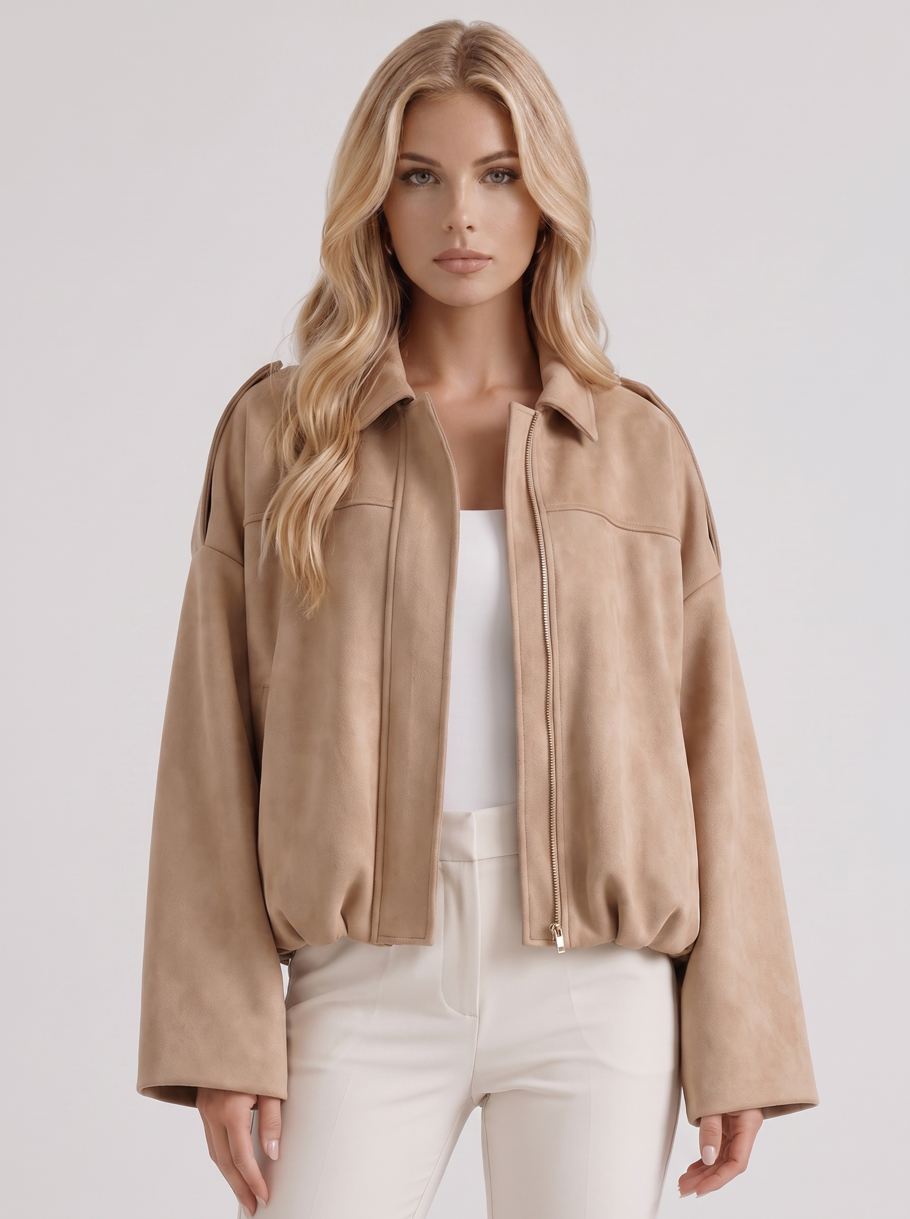 Women's beige suede bomber with suede finish and drop shoulder