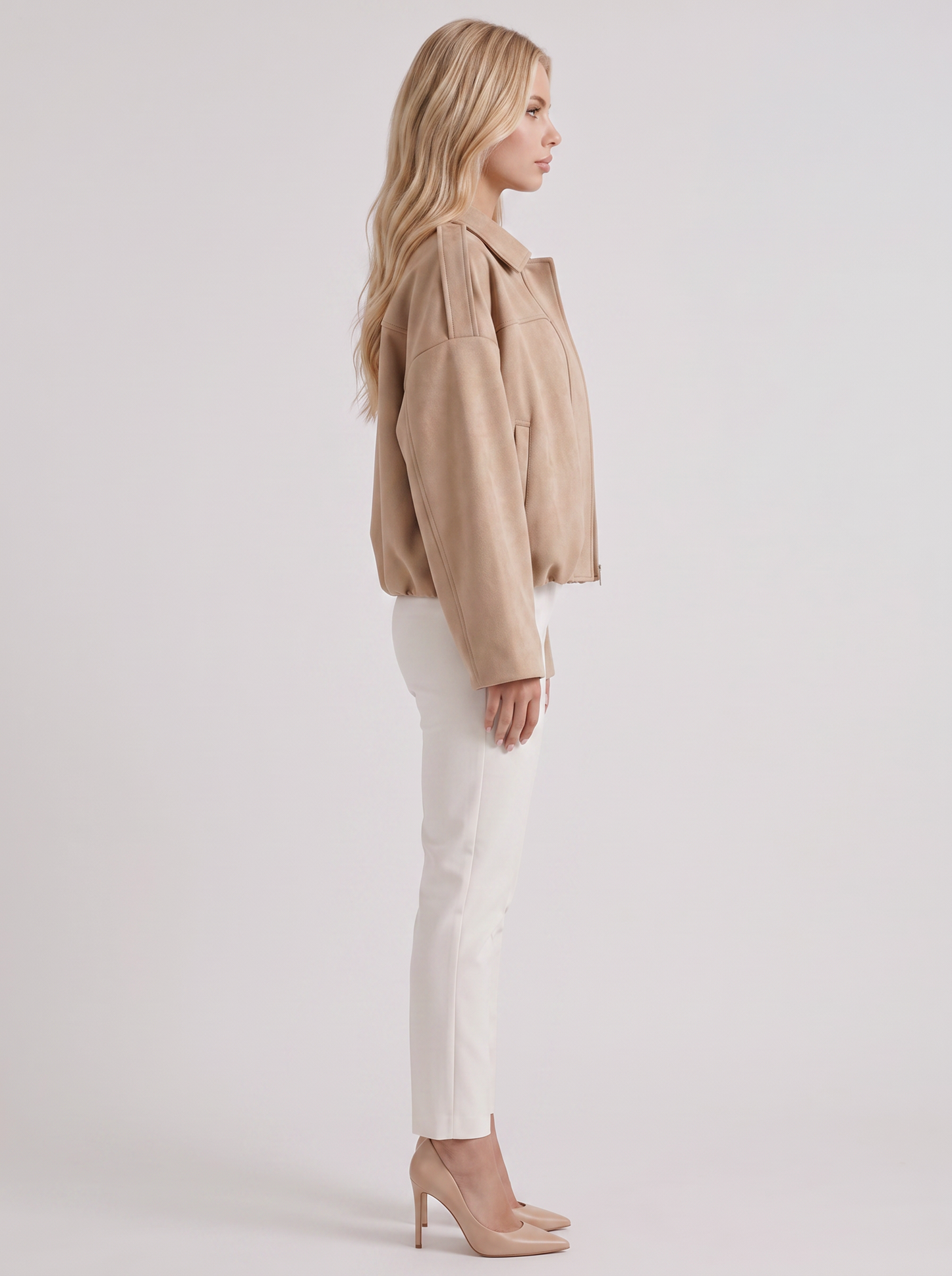 Women's beige suede bomber with suede finish and drop shoulder