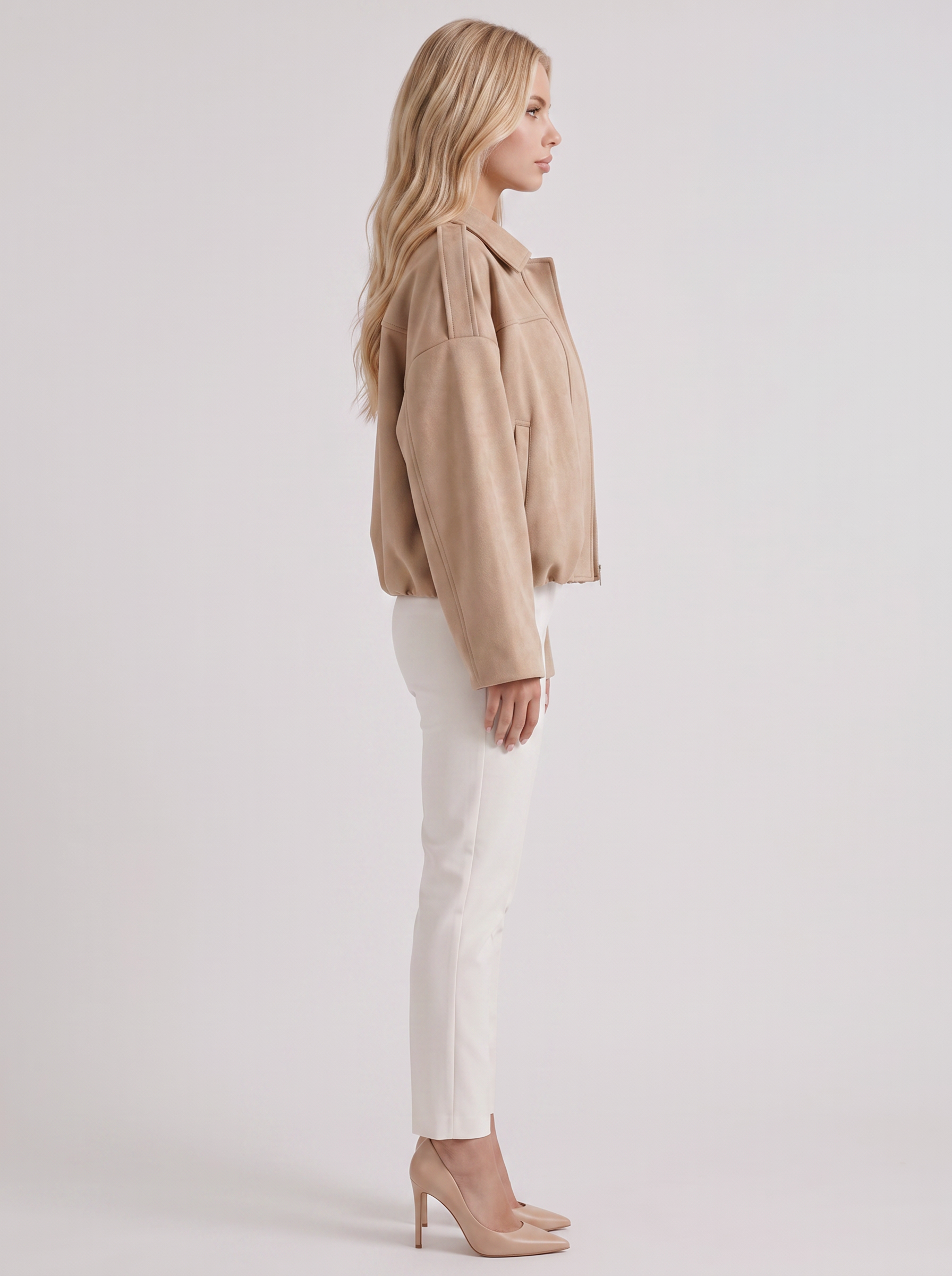 Women's beige suede bomber with suede finish and drop shoulder
