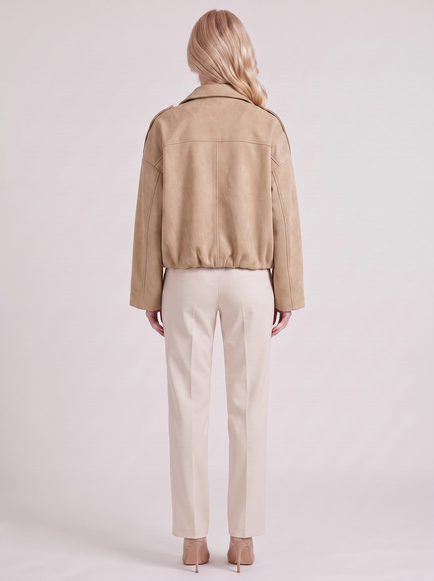 Women's beige suede bomber with suede finish and drop shoulder