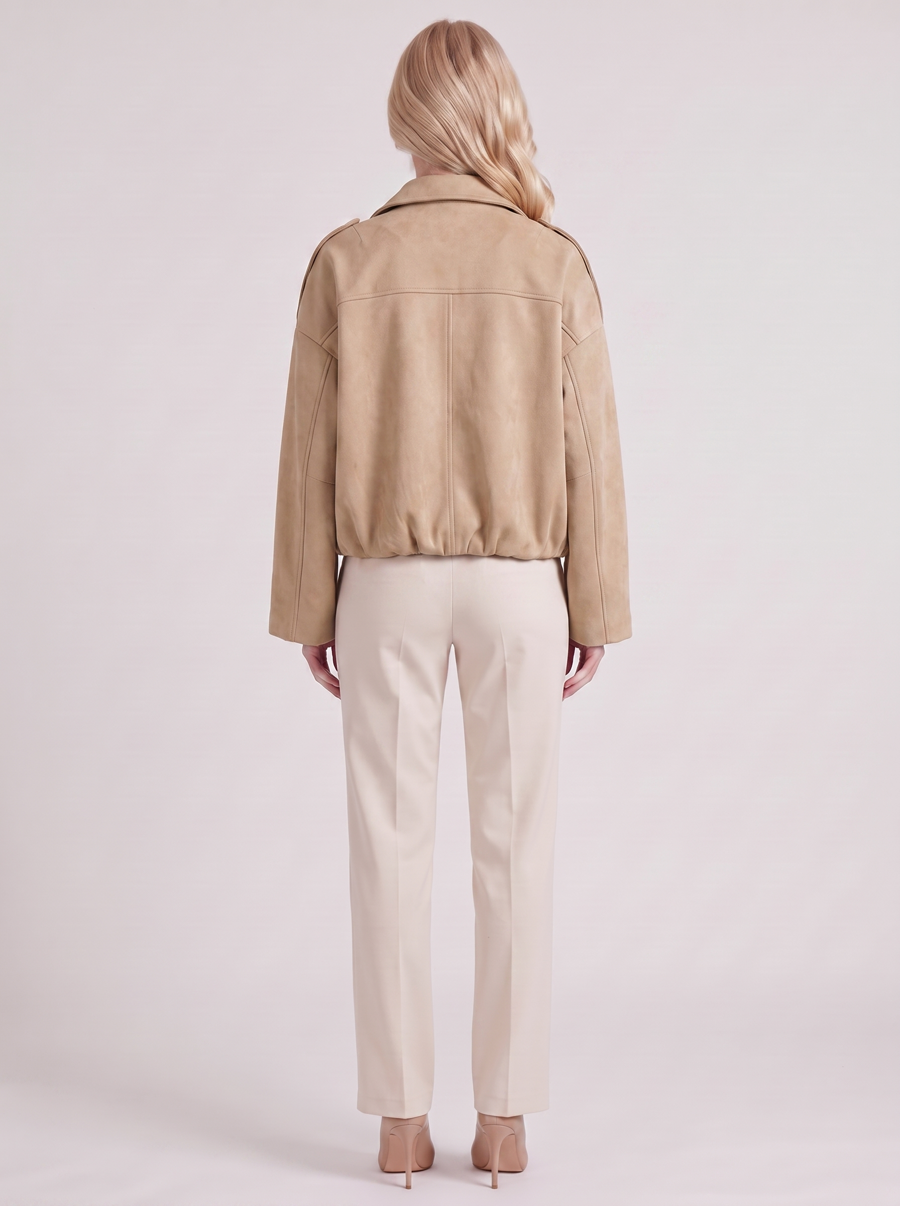Women's beige suede bomber with suede finish and drop shoulder