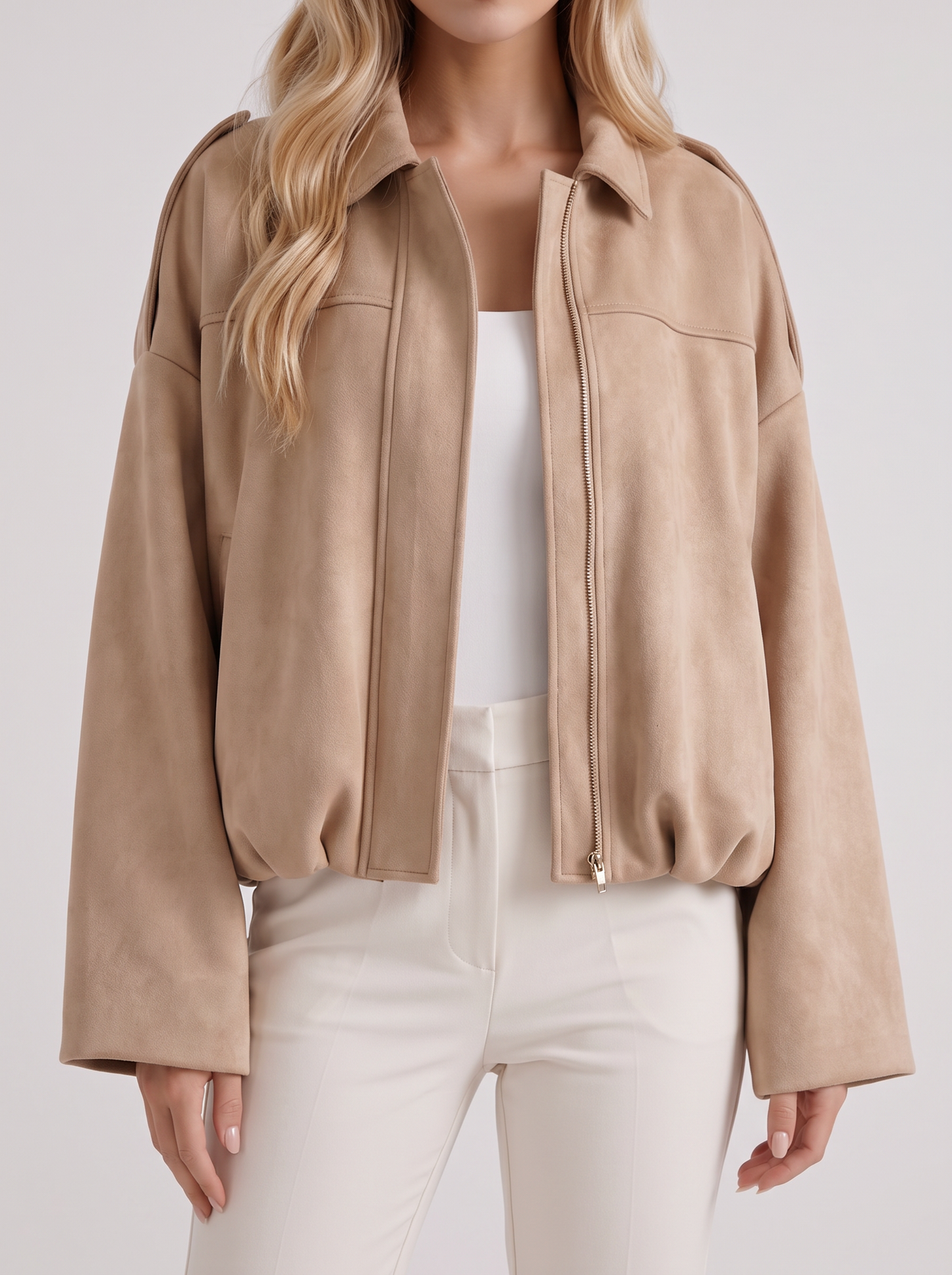 Women's beige suede bomber with suede finish and drop shoulder