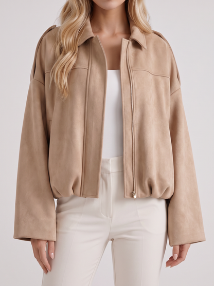Women's beige suede bomber with suede finish and drop shoulder