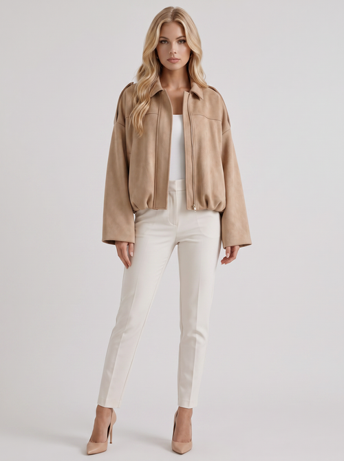Women's beige suede bomber with suede finish and drop shoulder