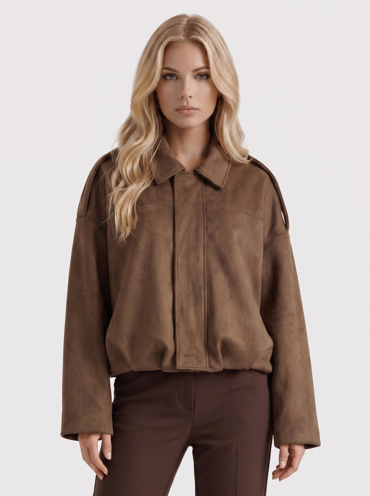 Women's brown suede bomber with suede finish and drop shoulder