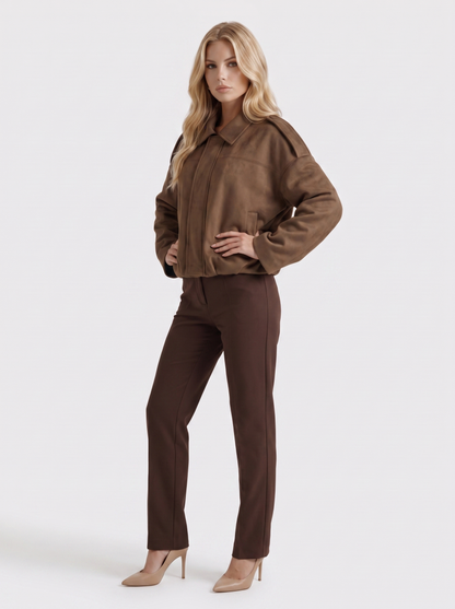Women's brown suede bomber with suede finish and drop shoulder