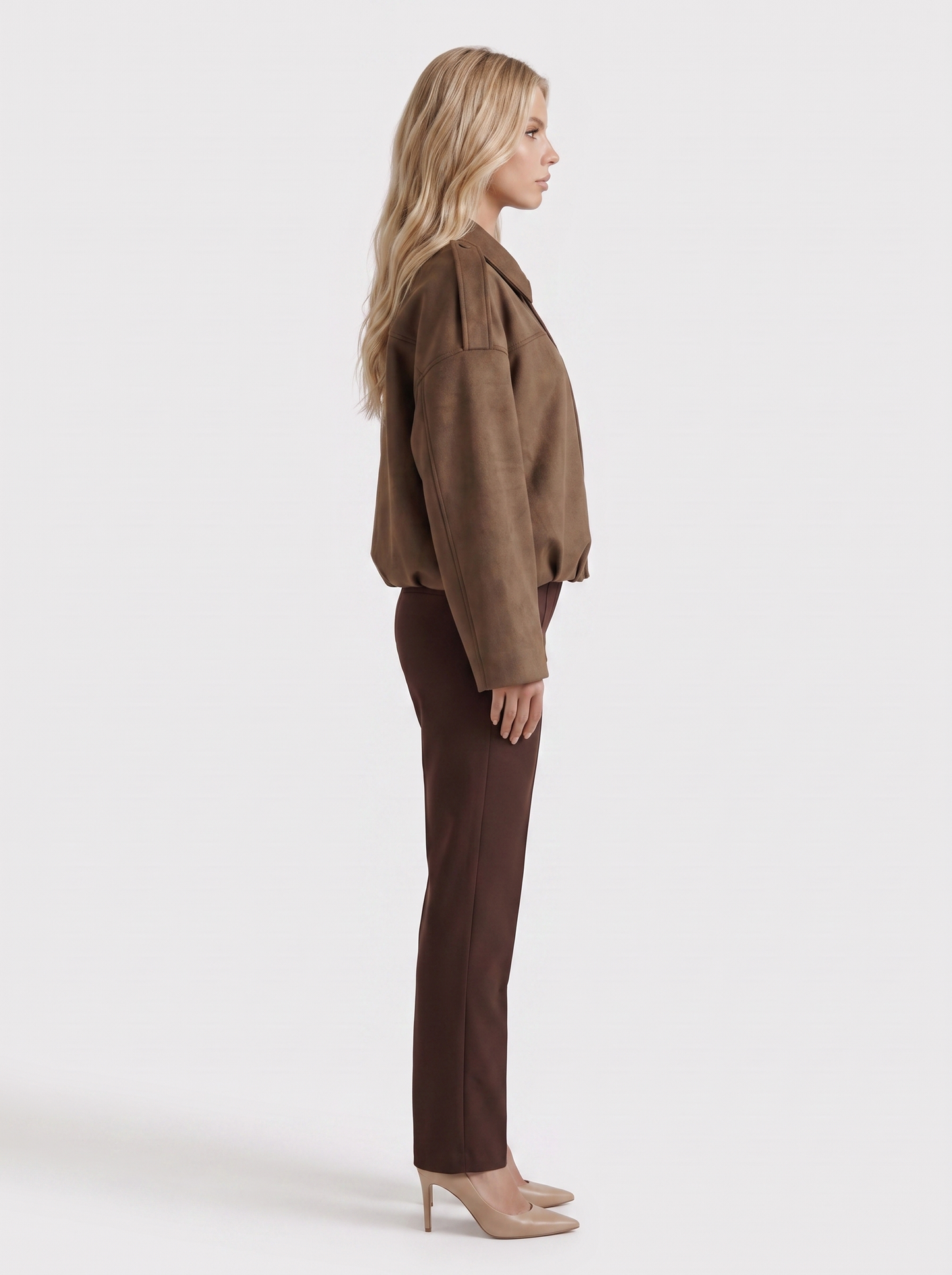 Women's brown suede bomber with suede finish and drop shoulder