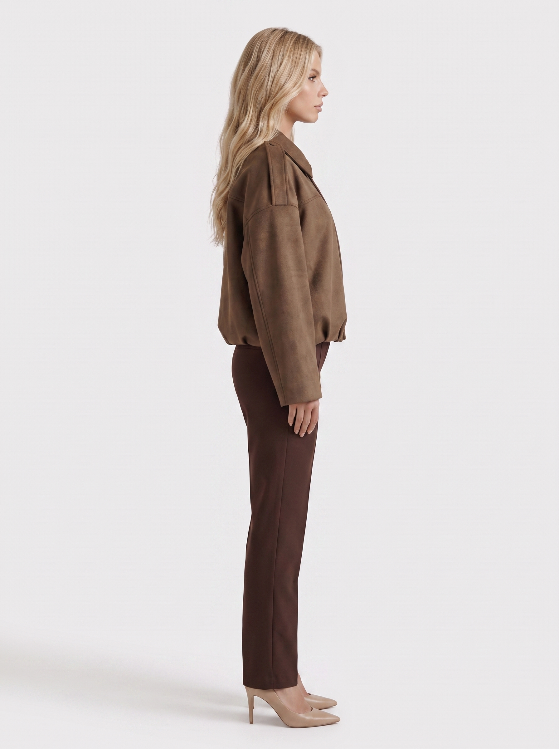 Women's brown suede bomber with suede finish and drop shoulder