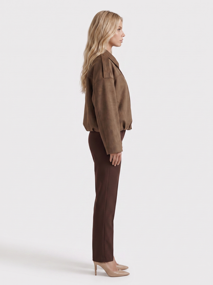 Women's brown suede bomber with suede finish and drop shoulder