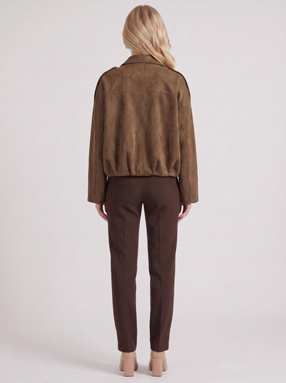 Women's brown suede bomber with suede finish and drop shoulder