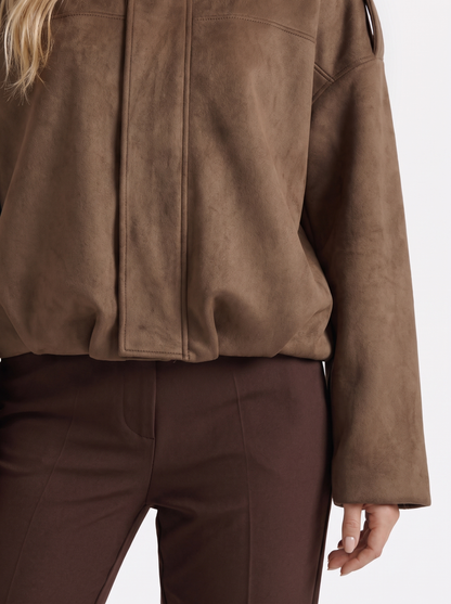 Women's brown suede bomber with suede finish and drop shoulder