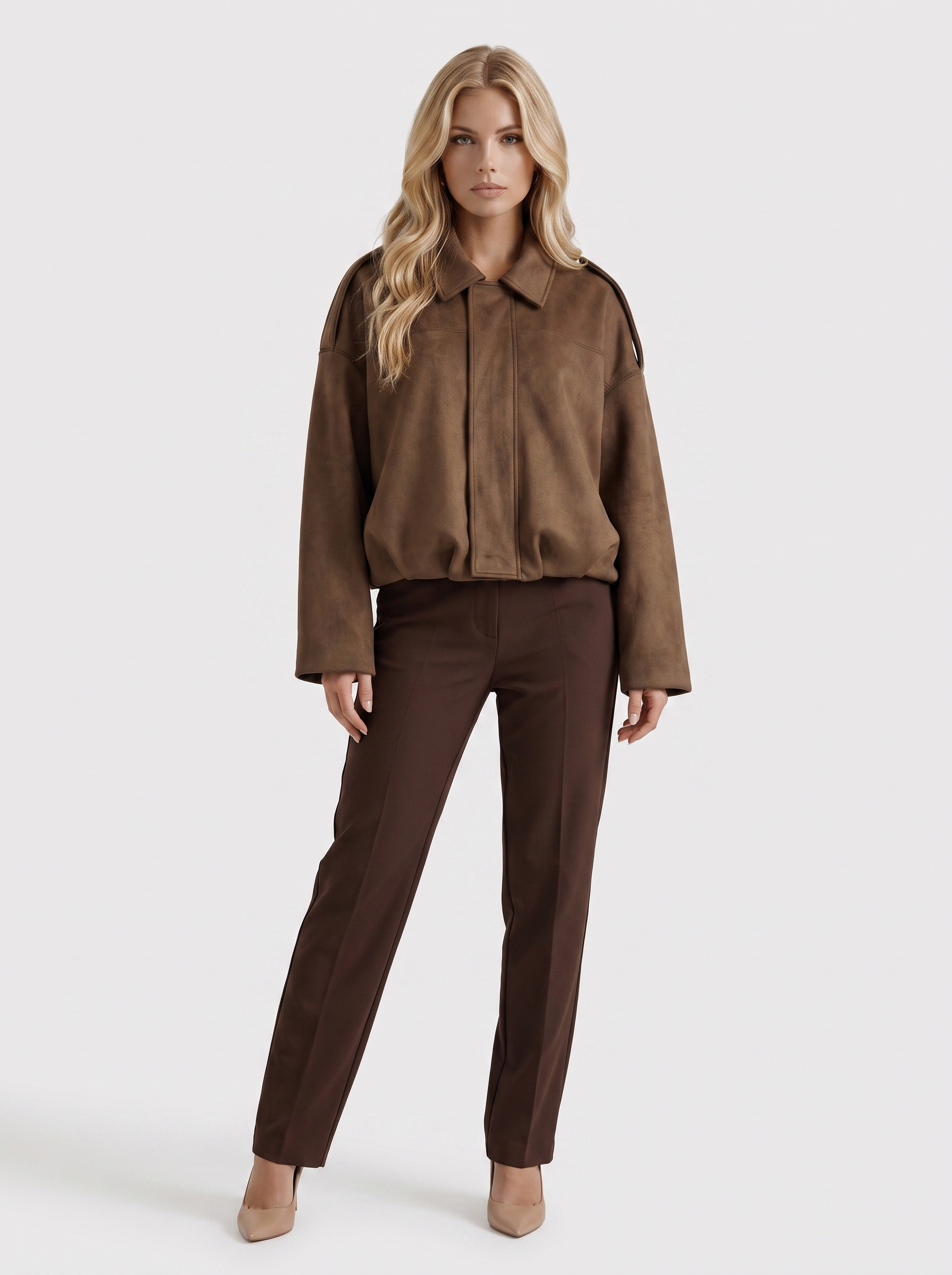 Women's brown suede bomber with suede finish and drop shoulder