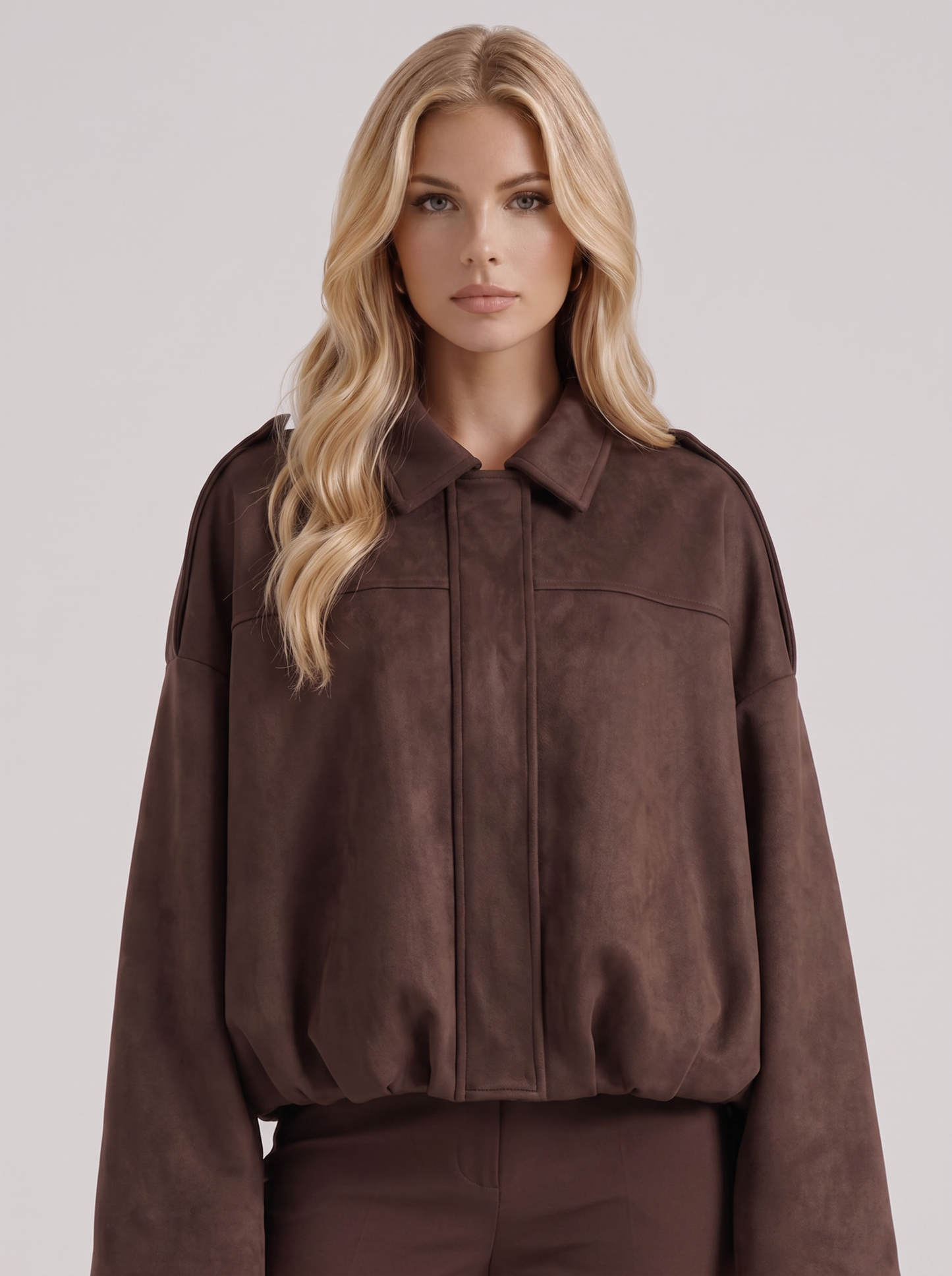 Women's coffee suede bomber with suede finish and drop shoulder