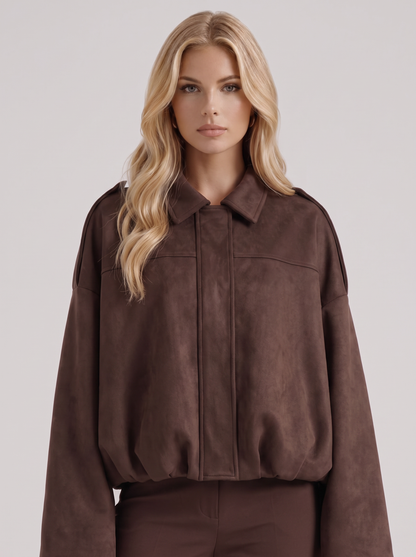 Women's coffee suede bomber with suede finish and drop shoulder