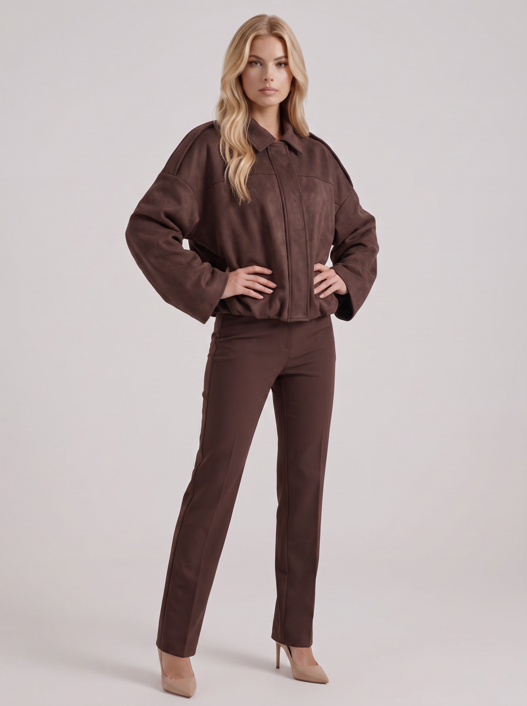 Women's coffee suede bomber with suede finish and drop shoulder