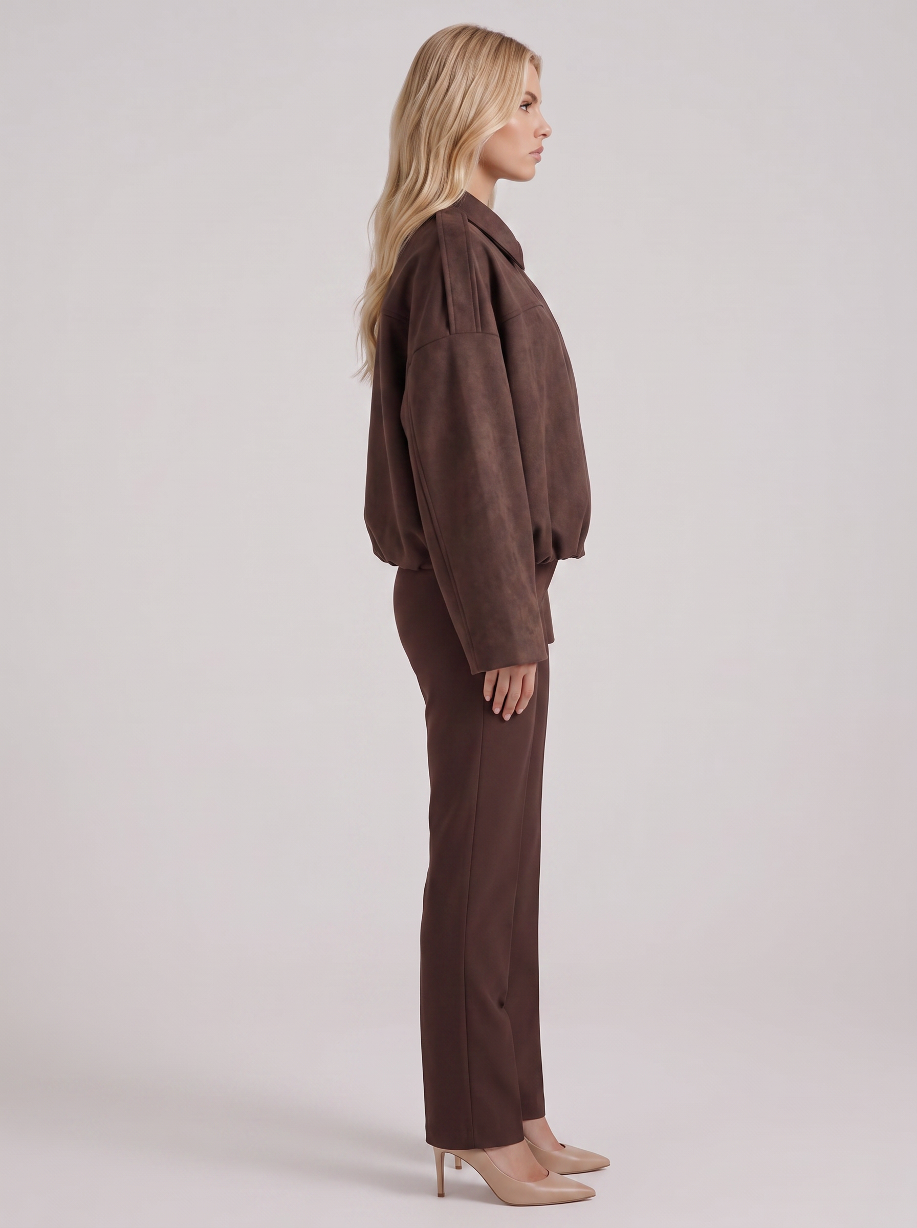 Women's coffee suede bomber with suede finish and drop shoulder