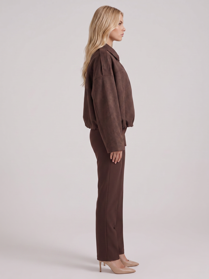 Women's coffee suede bomber with suede finish and drop shoulder