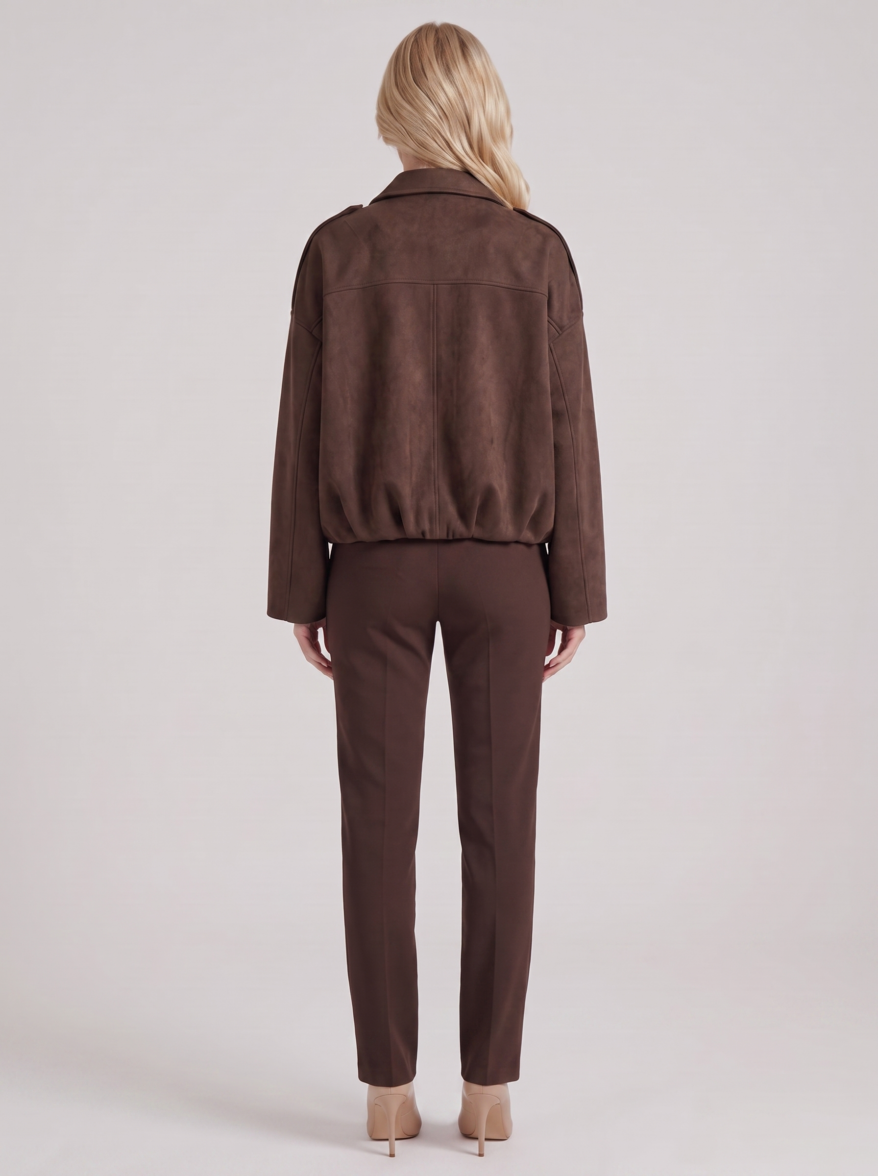 Women's coffee suede bomber with suede finish and drop shoulder
