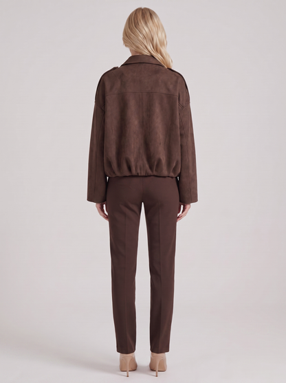 Women's coffee suede bomber with suede finish and drop shoulder