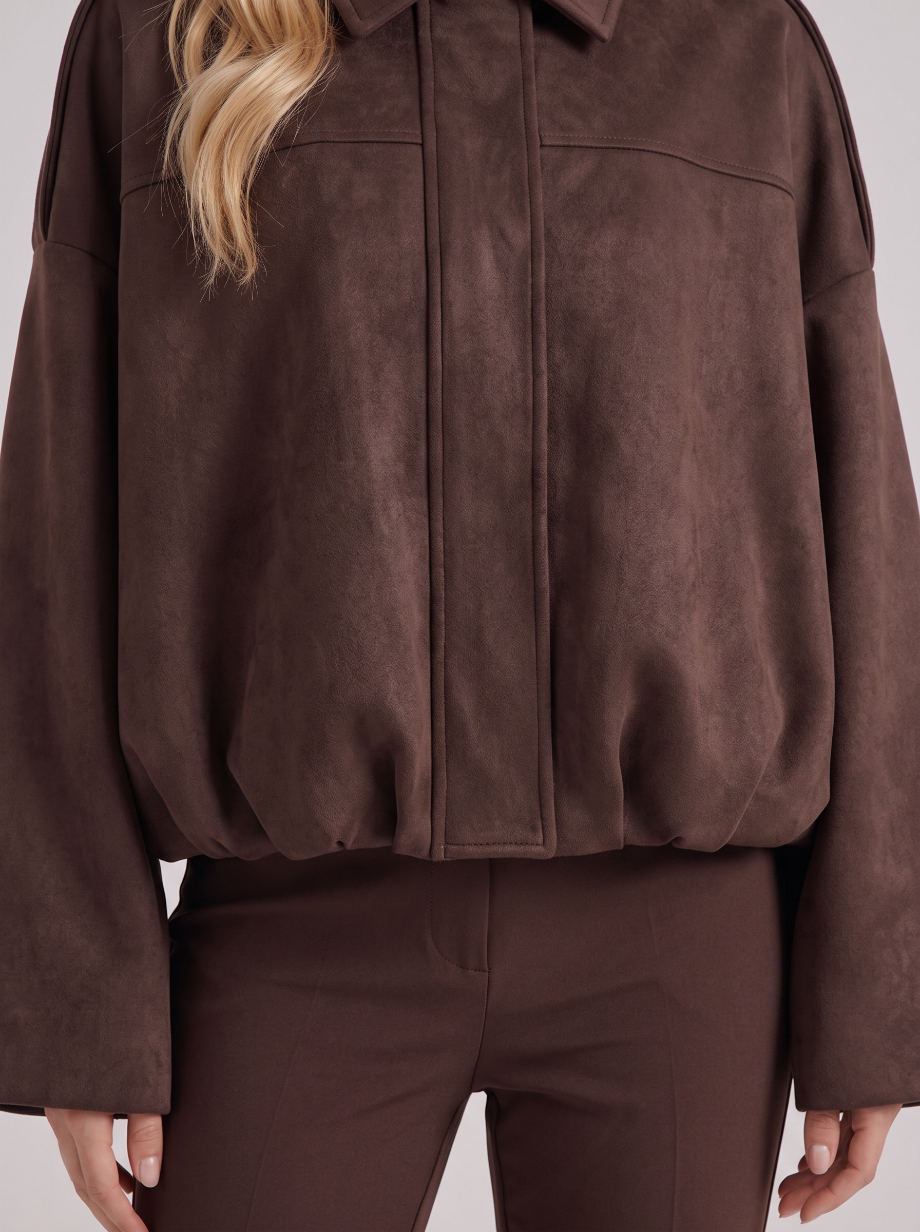 Women's coffee suede bomber with suede finish and drop shoulder
