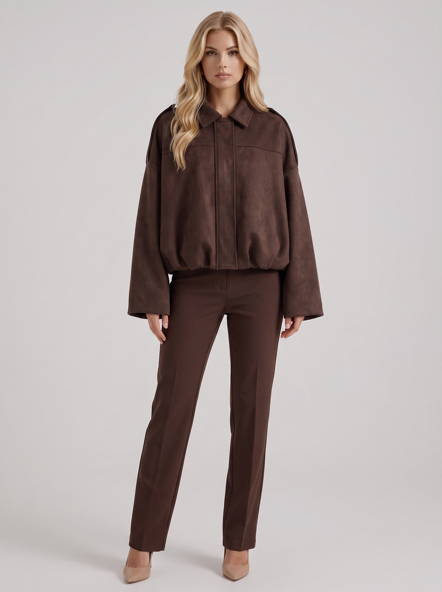 Women's coffee suede bomber with suede finish and drop shoulder