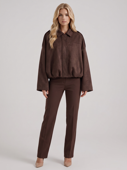 Women's coffee suede bomber with suede finish and drop shoulder