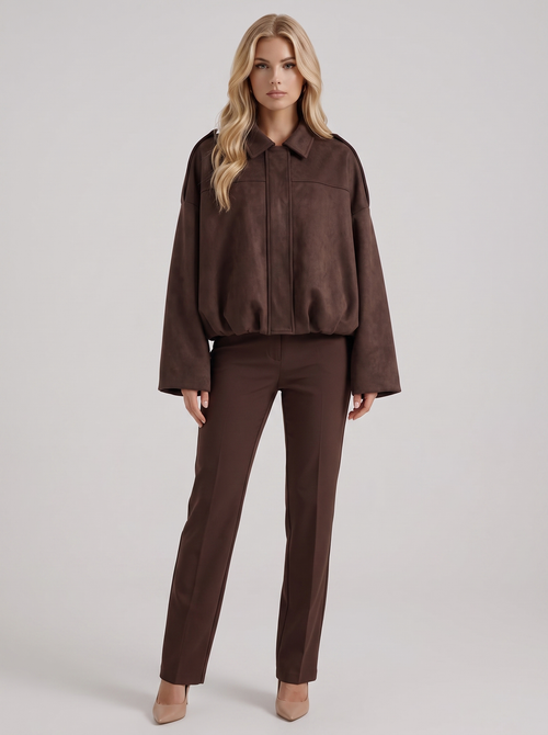 Women's coffee suede bomber with suede finish and drop shoulder