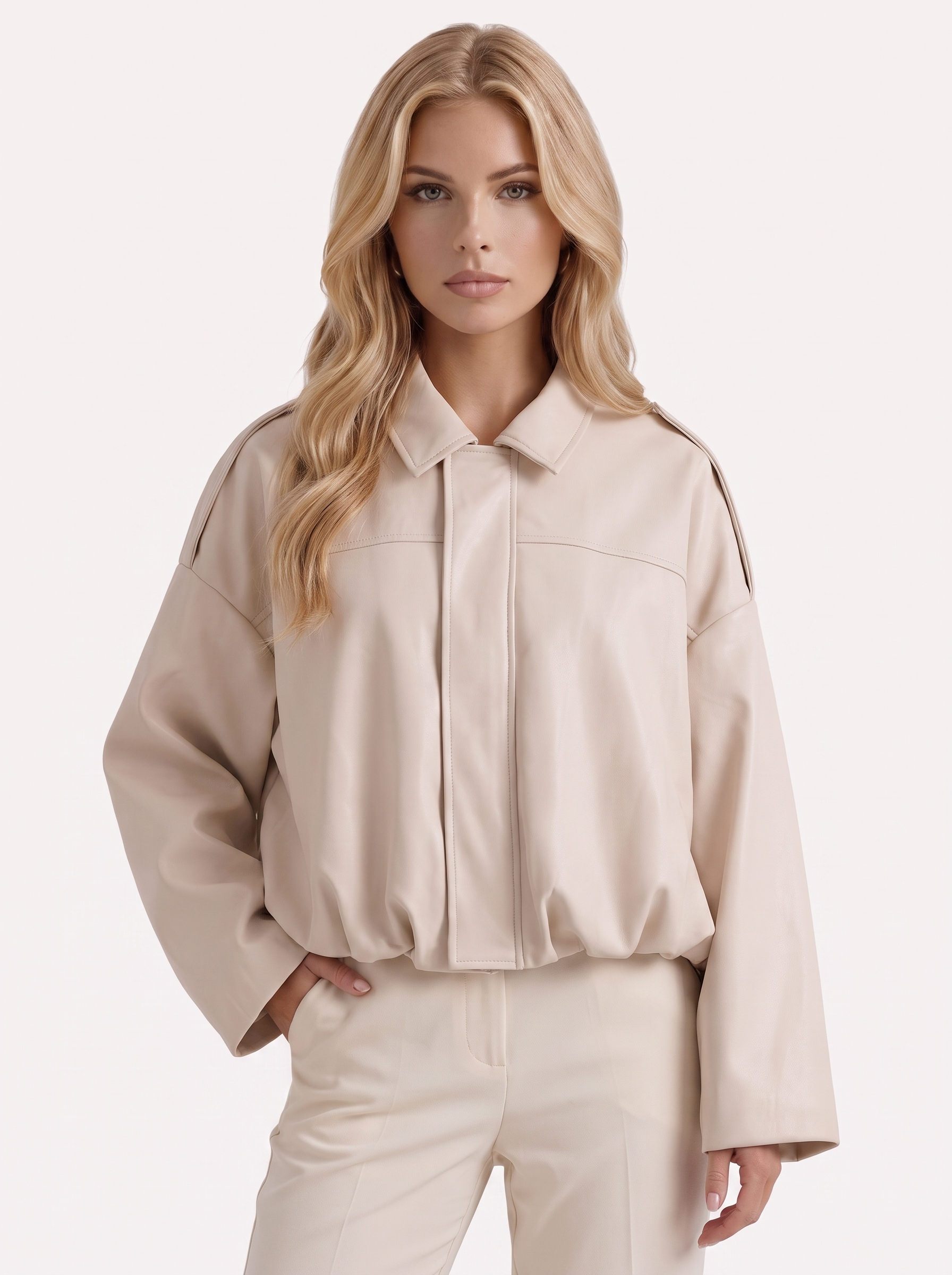 Women's cream suede bomber with suede finish and drop shoulder