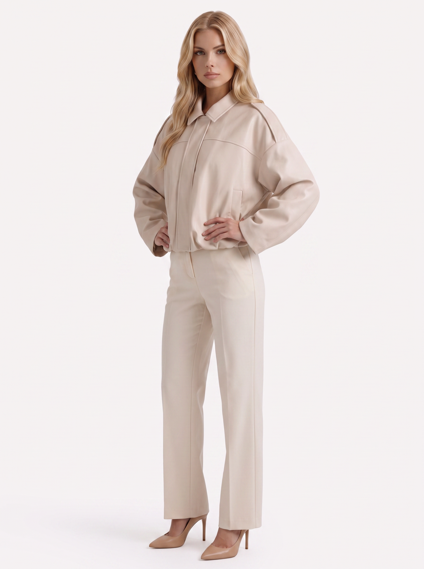 Women's cream suede bomber with suede finish and drop shoulder