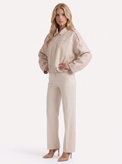Women's cream suede bomber with suede finish and drop shoulder